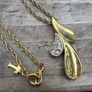 Vtg Crown Trifari Leaf Pendant Necklace Gold Tone Rhinestone Delicate Chain